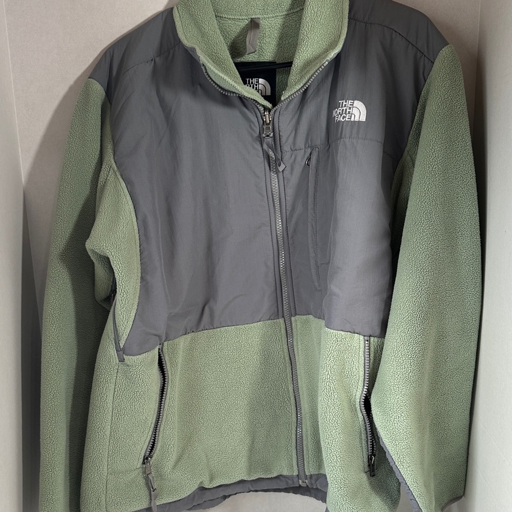North face gray and green fleece zip up jacket size large
